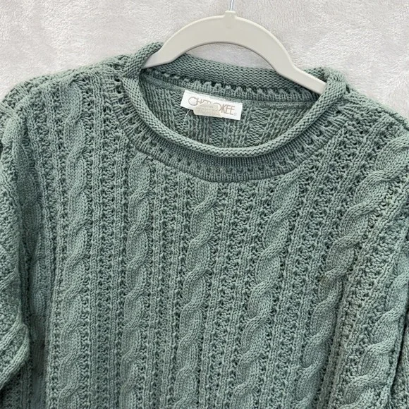 NWT Cherokee Sweater Womens M Green Cable Knit Pullover Roll Crew Neck VTG USA - Picture 1 of 8